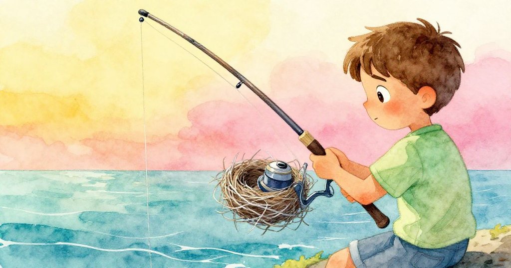 從Glen肩後視角看,他專注地用指甲輕撥釣竿上的糾結線圈,微光中展現出細膩與決心。