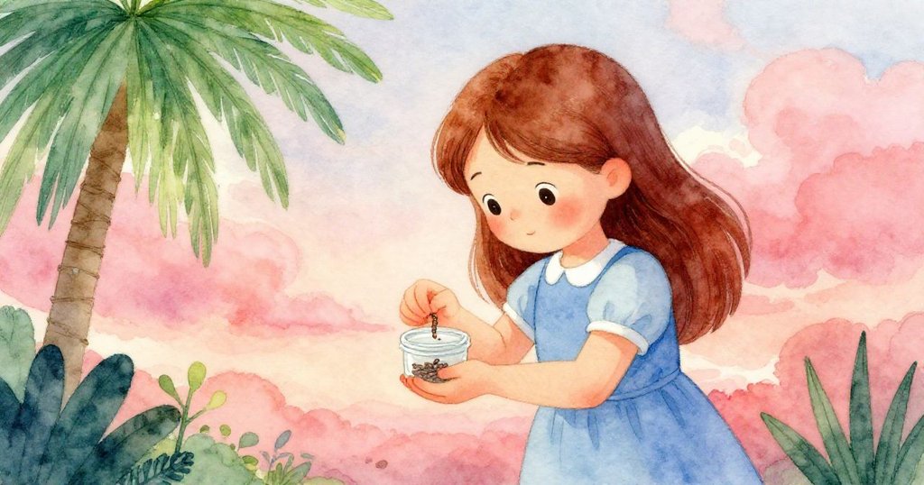 Faye專心地用雙手捧住誘餌桶,保護著最後幾隻蚯蚓,背景中湖面靜謐,光線逐漸昏暗。