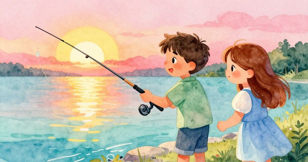 Glen露出輕鬆微笑,Faye小心地將蚯蚓掛上魚鉤,夕陽餘暉映照,兩人共享努力成功的喜悅。