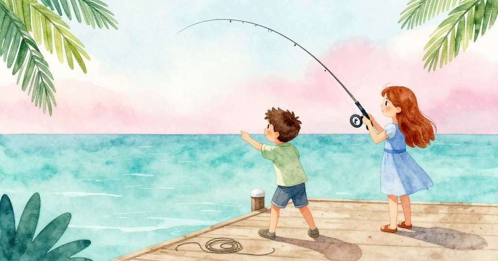 Glen走向碼頭邊緣觀望遠方,Faye再次拋線,寧靜湖面與低垂雲層襯托出一天溫柔的告別。