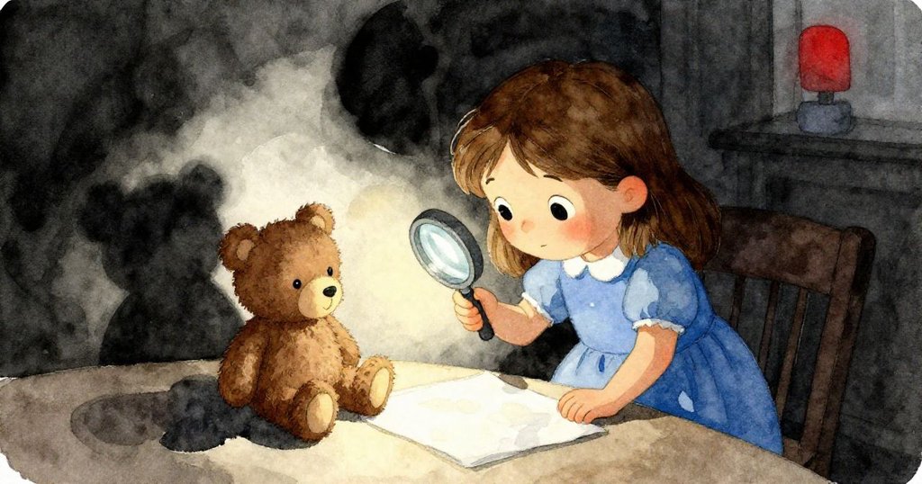 Willa在溫暖燈光下調整布上的玩具熊，神情專注，室內環境溫馨柔和，開始修補旅程。