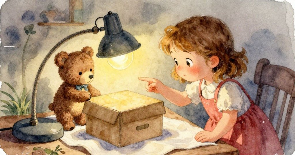 工作桌上整齊排列的鈕扣和工具盒在柔和燈光下展現細節，準備展開精心修補。