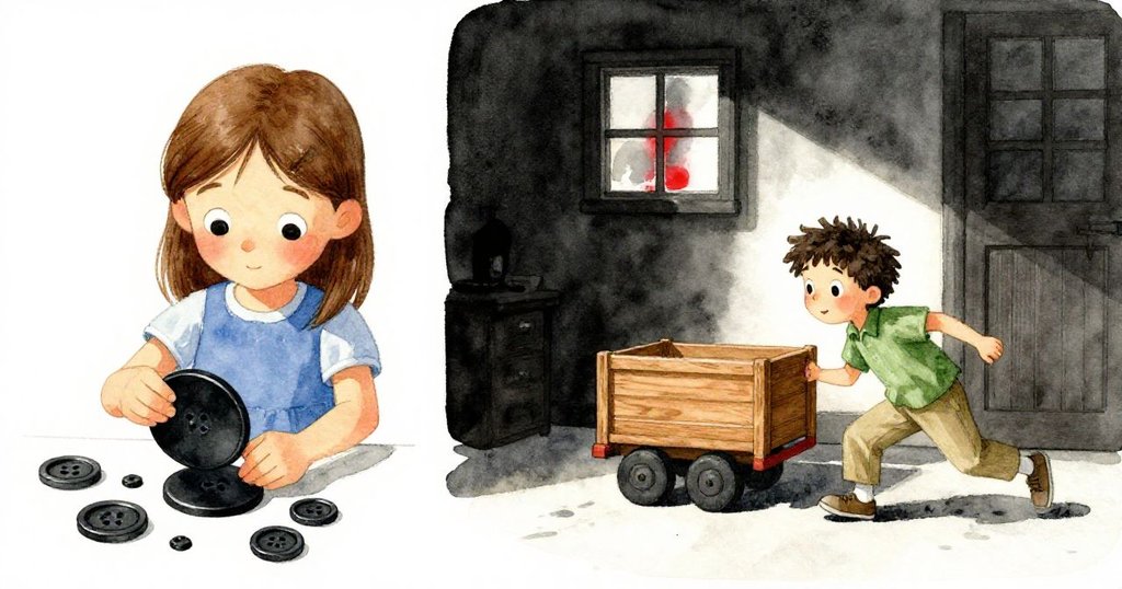 Willa細心挑選黑色圓盤進行修補，另一邊Forrest急忙帶著缺輪木車進來，呈現家庭中意外與專注的對比。