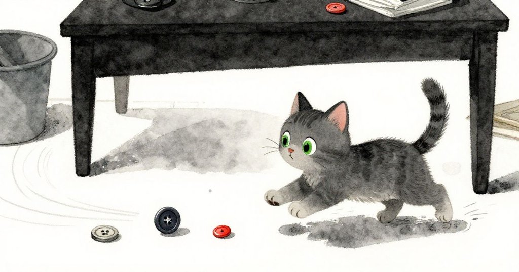 灰色小貓迅速追逐桌下滾動的鈕扣，動態線條呈現活潑奔跑，家中暖光中充滿趣味與緊張氛圍。
