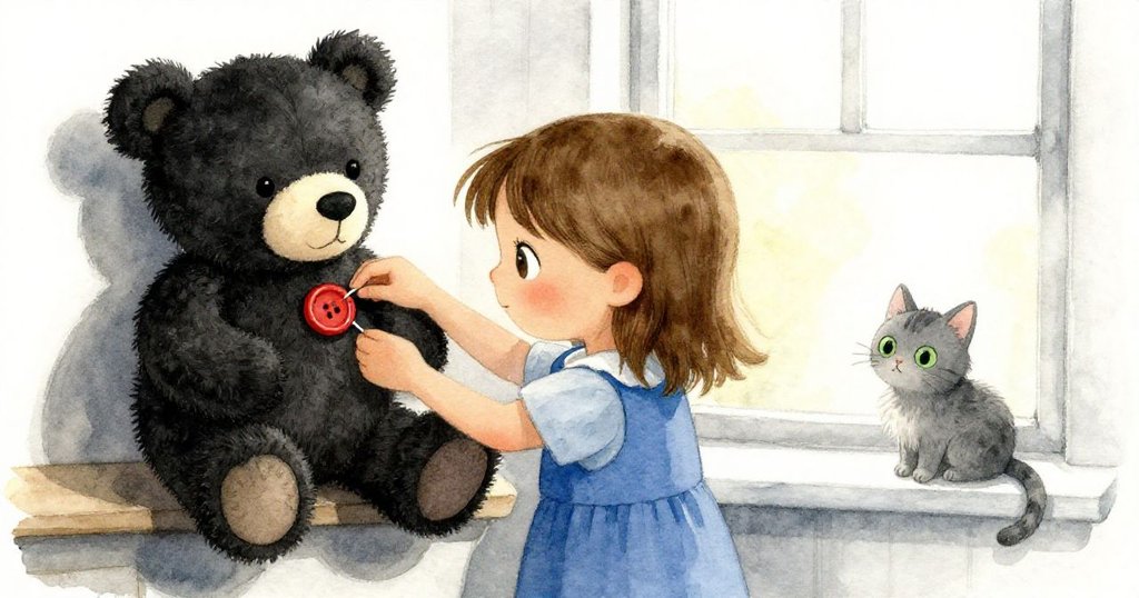 Willa溫柔地將新鈕扣修補於玩具熊上，完成後將熊妥善放上架子，貓咪靜靜靠近窗邊送別混亂。