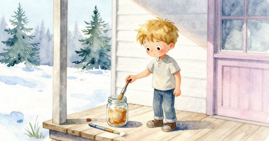 Silas走到門廊上檢查畫具,疑惑中觀察畫筆罐上淡淡樹脂痕跡,背景呈現冰藍與雪白調,展現故事開端。