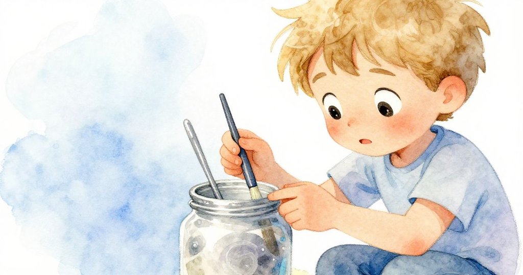 Silas專注地檢查畫筆罐,細緻觀察樹脂痕跡及細長把手,眼神中充滿疑惑與專注。