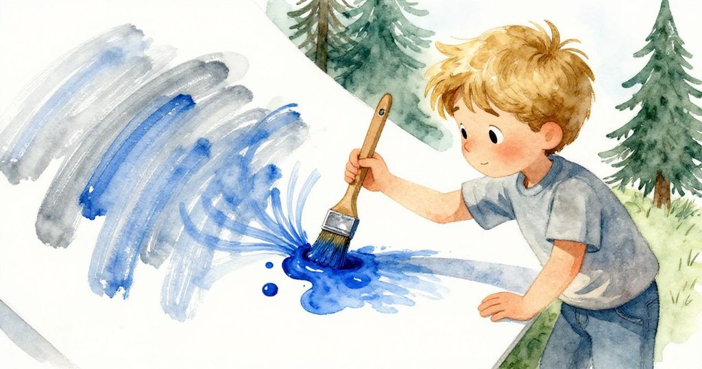 Silas用細筆沾取部分結痂的藍色顏料,在光滑畫紙上揮灑出礦脈般的線條,動感十足。