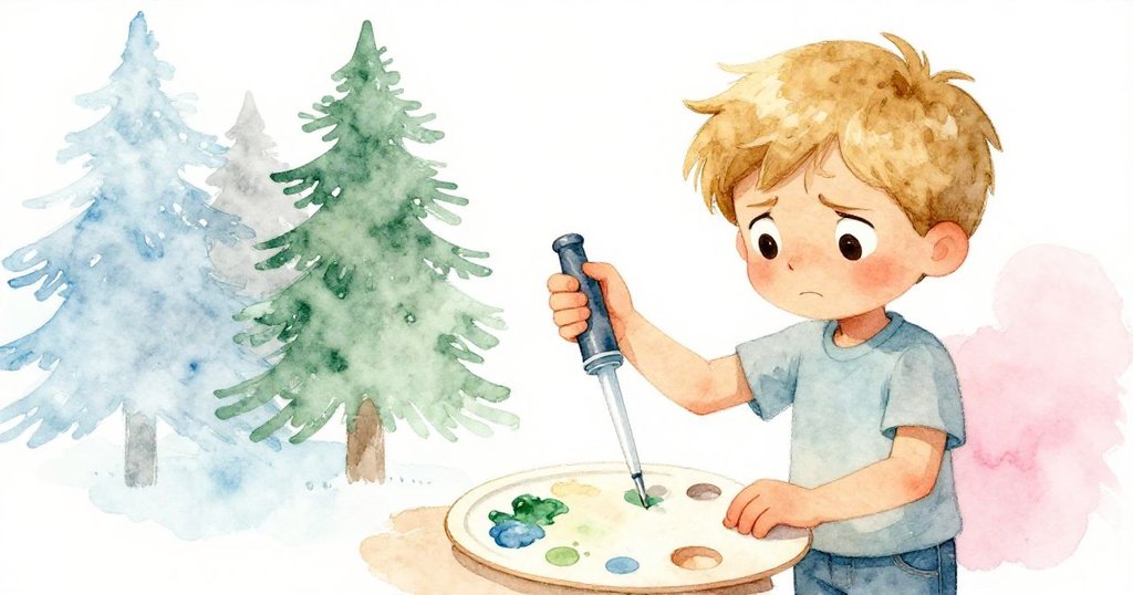 Silas面露難色使用塑膠移液管調整畫板上漸乾的顏料,情感矛盾而堅定,細節豐富。