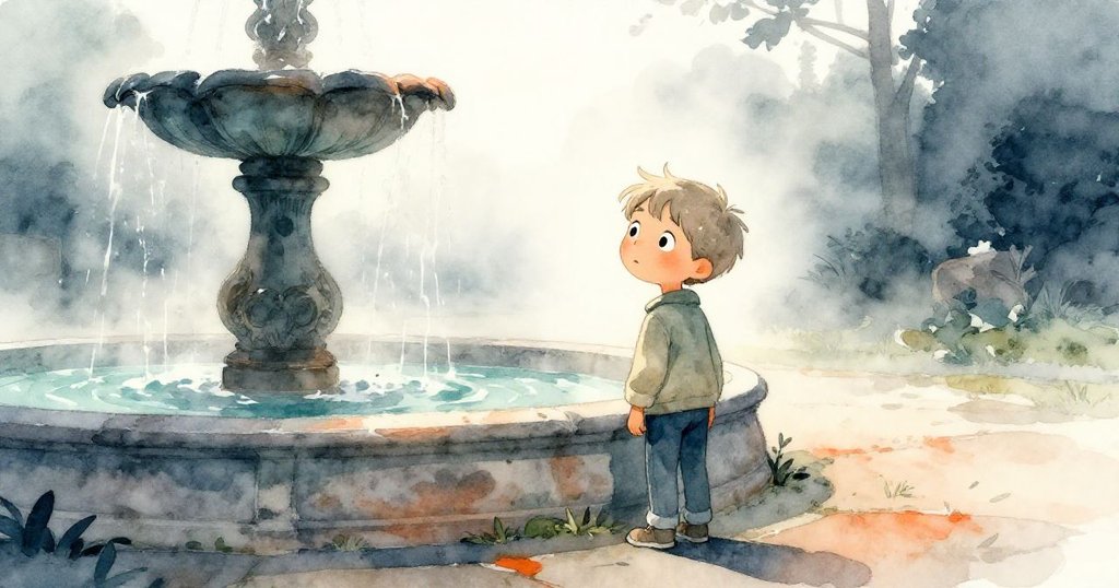 懷亞特在晨霧中站於古老噴泉邊，凝視石緣，神情充滿好奇與期待，背景柔和且靜謐。