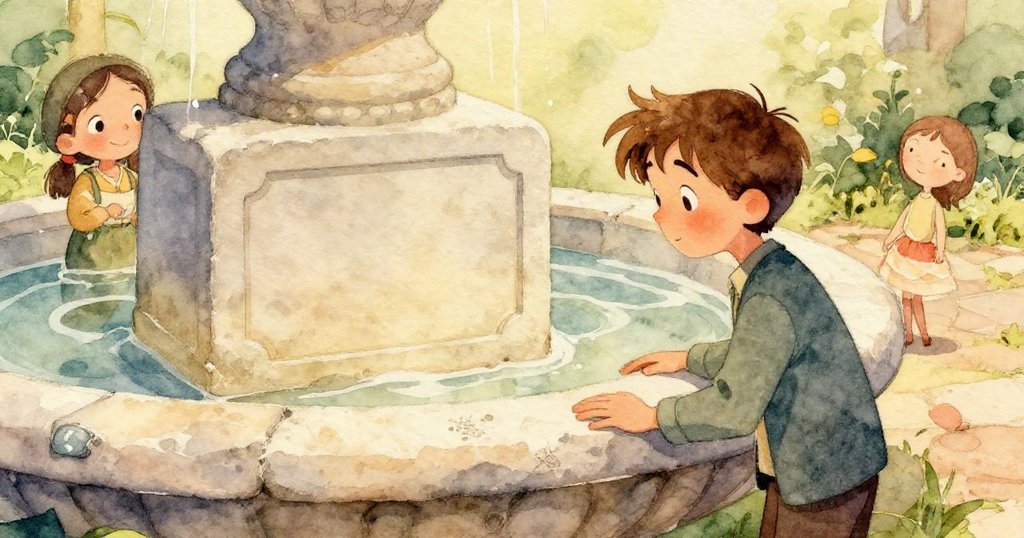 懷亞特伸手細看噴泉邊缺失牌匾處，近鏡展現細緻網痕，神情專注，光影柔和展現歷史痕跡。