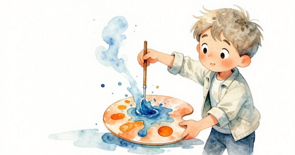 懷亞特在長椅邊動手調色，藍色與快樂橙交織在調色盤上，神情專注且充滿創意。