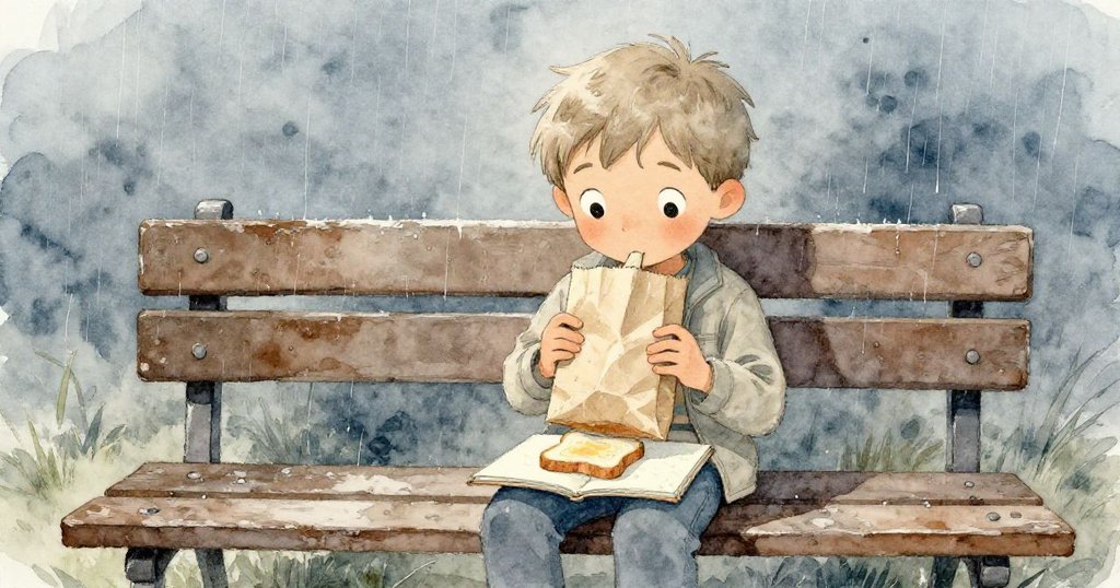 懷亞特在戶外長椅旁用紙袋遮擋畫本，雨滴輕落，麵包碎與伏筆呈現急切保護的情緒。