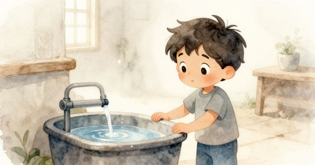 灰色男孩站在水槽旁, 水滴閃閃發光, 淡晨霧氣瀰漫, 表情專注, 場景充滿溫暖柔和的晨光和室內水流背景.