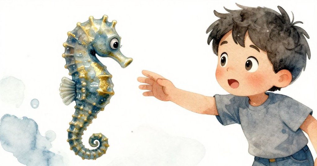 灰色男孩近距離手握橡膠海馬, 表情專注驚訝, 水花點綴, 臉部細節清晰, 傳達急切與專注情感.