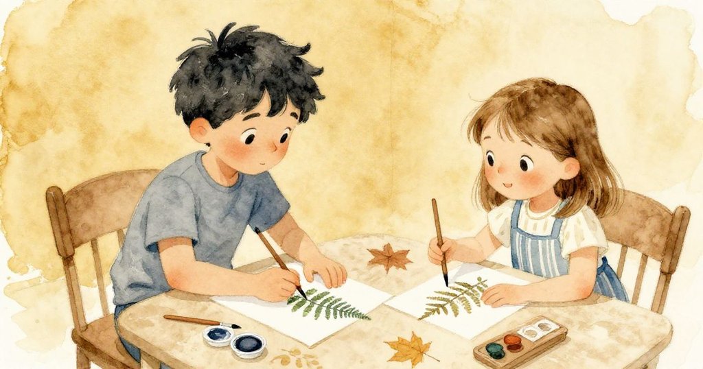 灰色男孩與淺棕髮女孩在手作角落, 分別操作印章與印泥, 桌面散亂著藝術材料, 溫馨創意氛圍洋溢.