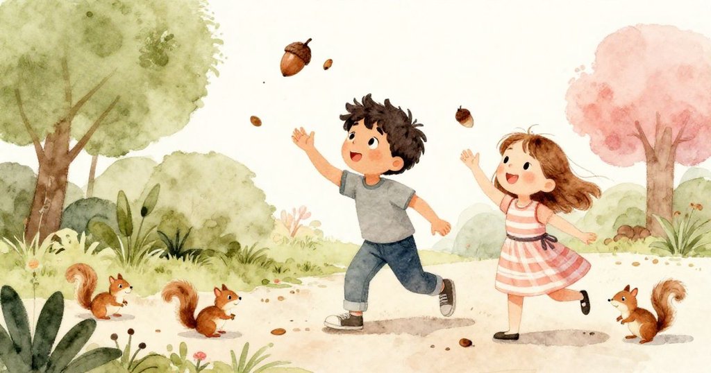 灰色男孩與淺棕髮女孩在戶外小徑上奔走, 撒出橡實殼, 小松鼠圍繞, 地面散落樹皮, 氣氛活潑.