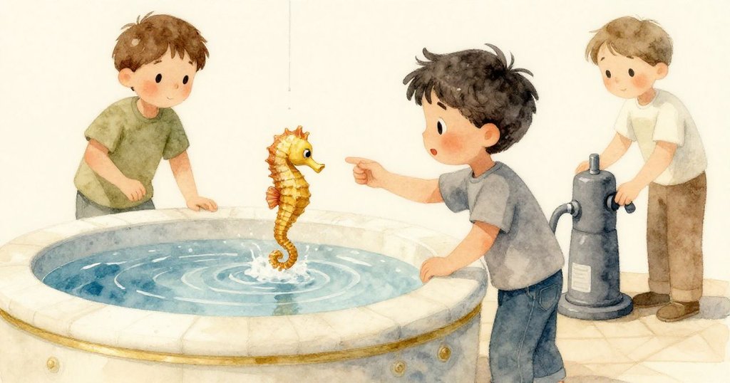 觸摸池邊, 灰色男孩輕握橡膠海馬, 志工調整泵口, 水流細滴, 場景呈現靜謐且溫馨的結局.