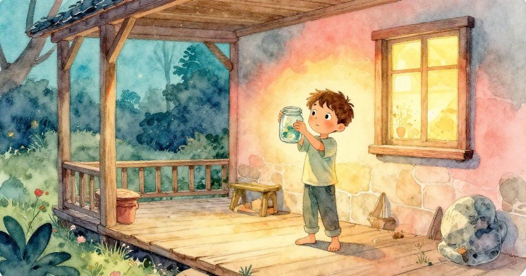 格倫在木製門廊上輕輕舉起玻璃罐，赤足踏在溫暖石頭上，夜色柔和，充滿期待與探險感。