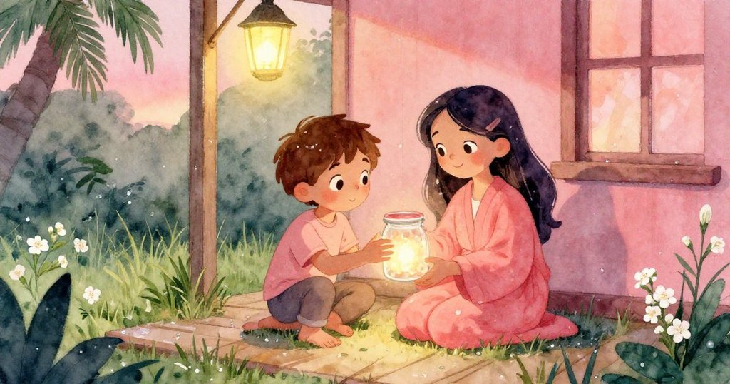 露娜在燈光映照下走向格倫，幫助打開散發光芒的玻璃罐，周圍是露水草地和茉莉花，溫馨又充滿希望。