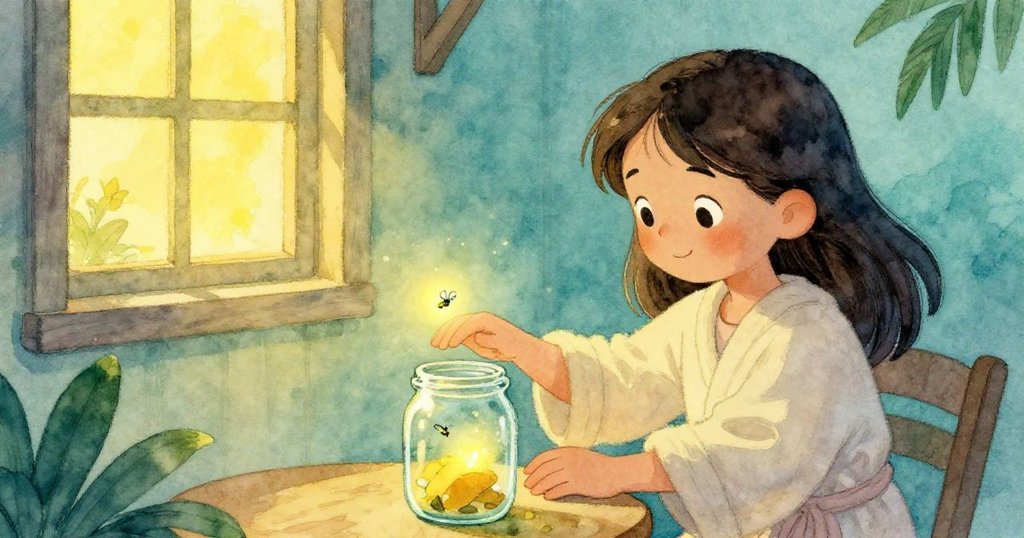 露娜輕輕拂過玻璃罐蓋，指引一隻螢火蟲在細緻光網中飛舞，瞬間充滿魔法與驚奇。