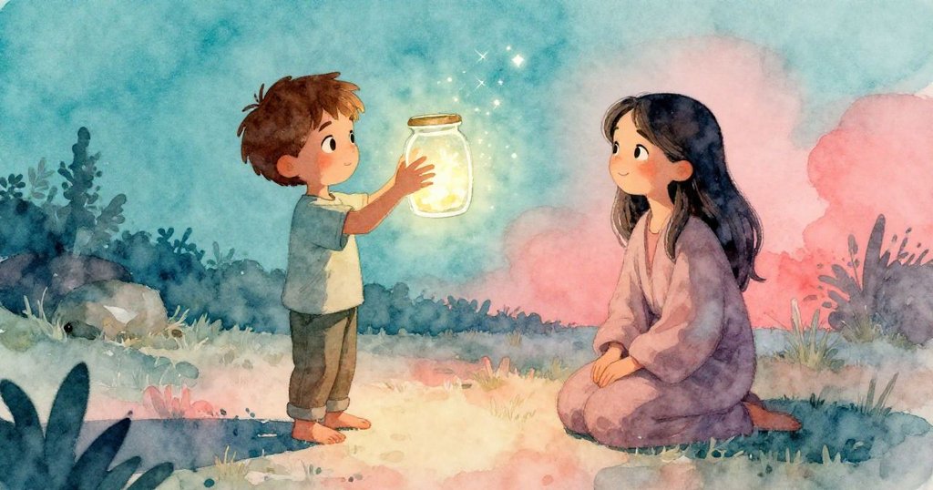 格倫舉起發光玻璃罐，露娜溫柔眺望，夜晚露珠與星光輕映，結束了充滿魔法的美好實驗。