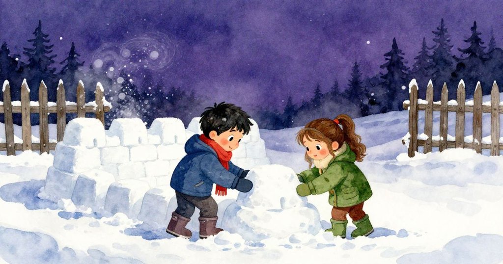 海斯與克萊奧在雪地堡壘前合作努力，雪花紛飛，充滿奇幻與寧靜的冬日氛圍。