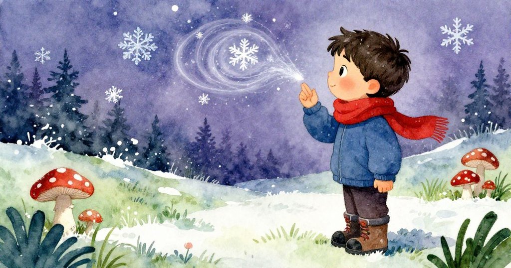 海斯在雪中凝望著旋轉的雪晶，回想起發現隱秘蘑菇的奇妙瞬間，臉上流露驚喜與懷舊。