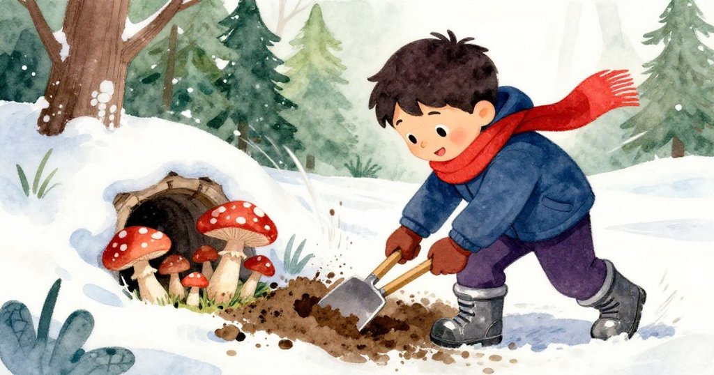 海斯在隱秘蘑菇旁快速挖雪，動作帶出雪花運動軌跡，充滿活力與專注。