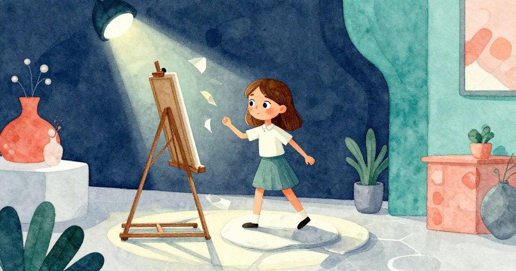 瑞絲踏進石板地面前的空畫架，紙張在聚光燈下輕舞，她臉上透露出好奇與興奮，背景顯示展示櫃與通風口。