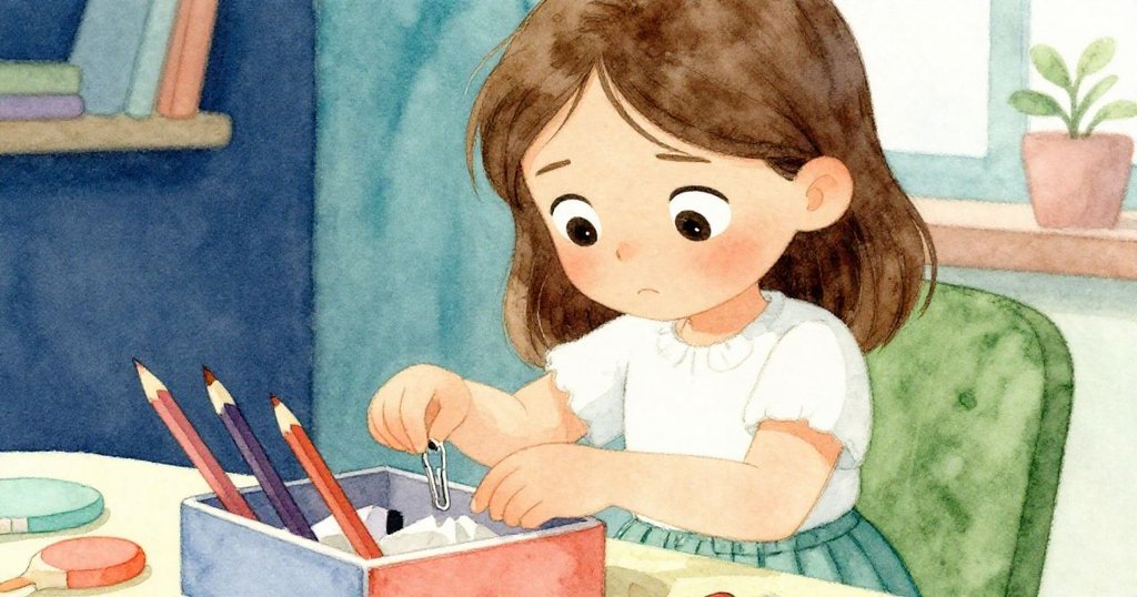 瑞絲專注搜尋鉛筆盒中夾子，臉部特寫展現堅定神情與輕微皺眉，室內光線柔和，細節豐富。