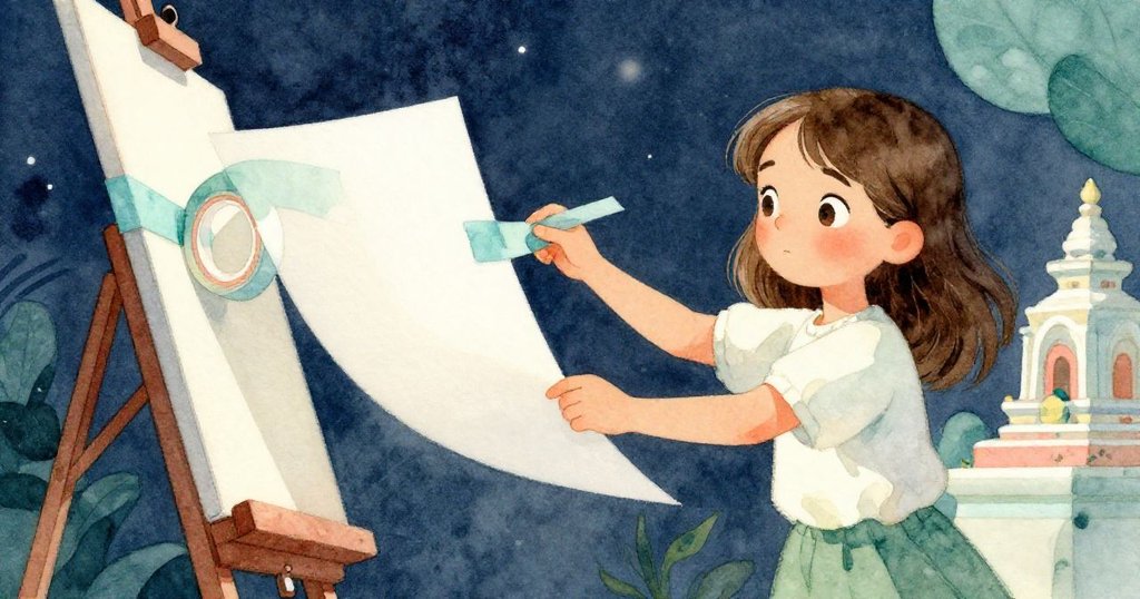 瑞絲低角度鏡頭下使用遮蔽膠帶固定紙張左邊，紙張隨風輕揚，她神情專注，背景隱約見藝術模型與柔光。