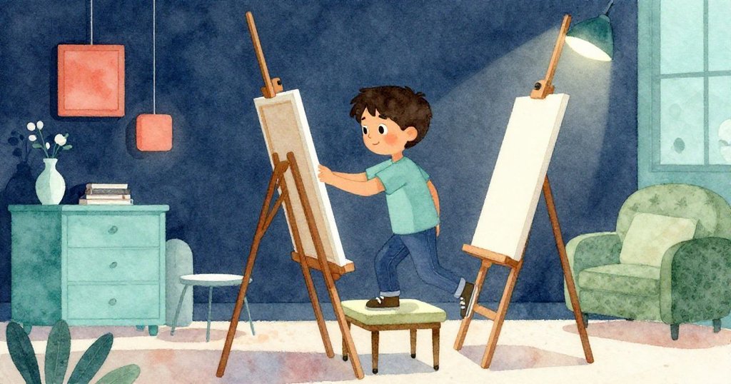 燈光熄滅後布雷克從板凳旁走出，輕放新紙於畫架上，室內逐漸轉為柔和氛圍，他神情自信平靜。