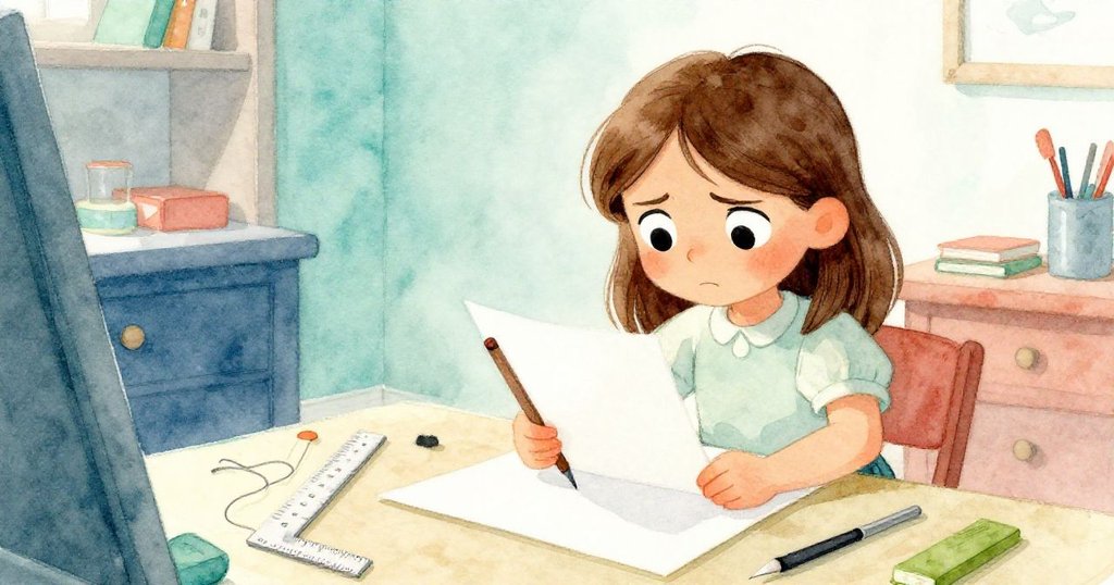 瑞絲臉上既有沮喪又有決心，在使用尺子、細線和石墨筆固定隨風飄揚的紙張，工具散落桌邊，氛圍緊張而充滿創意。