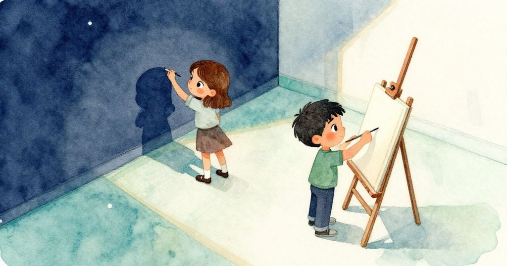 廣角視角下室內空間顯得寬廣，瑞絲低頭描繪神廟影子，布雷克在背景準備新紙，兩人專注創作，情境莊重而細膩。