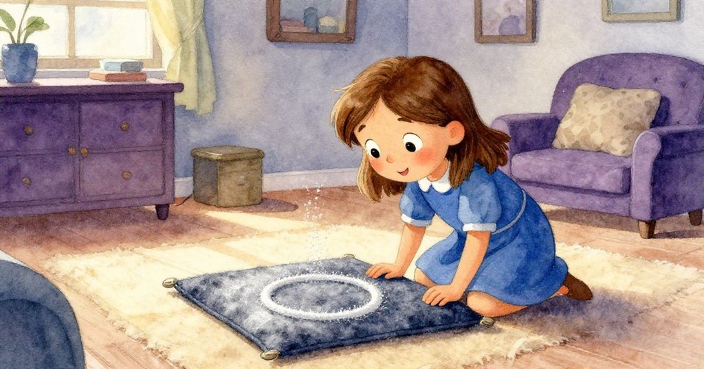 莉莉在溫暖的工作室中，仔細觀察桌上毛氈墊圍著乾淨塵圈，神情好奇且平靜，展現故事開端。