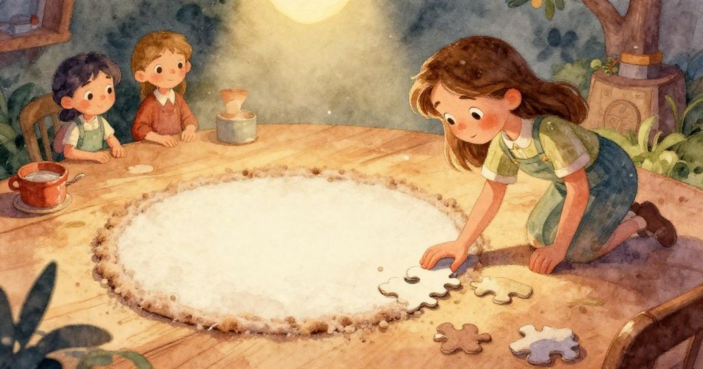 莉莉專注的手指輕觸桌面，沿著塵跡描繪毛氈墊輪廓，展現溫暖且細膩的探索瞬間。