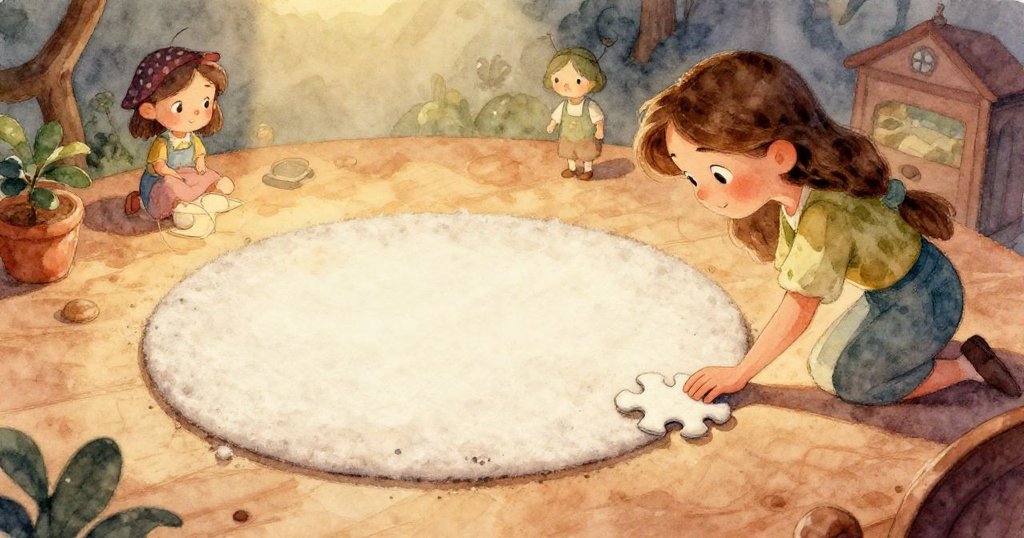 莉莉用雙手輕鬆取下卡在橡膠木槌後的碗碎片，色彩在柔和光線下扭曲展現奇妙紋理，充滿夢幻氣息。