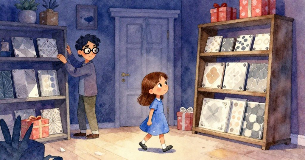 莉莉穿過室內空間，朝參考架走去，旁邊夥伴專注排列瓷磚與禮盒，光線柔和呈現時間轉變。