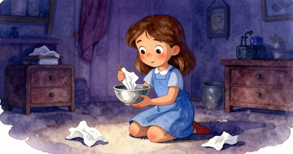 莉莉在室內努力穩定碗器，神情專注中面對身體與情感考驗，散落紙巾與暗影加深緊張氣氛。