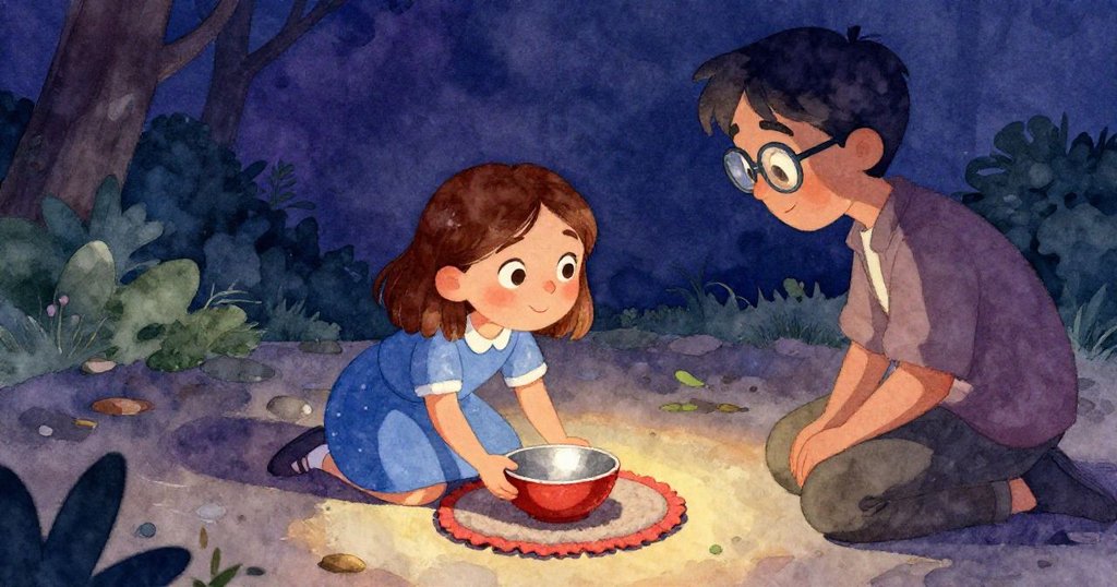 莉莉小心將碗器放回毛氈墊圓環上，面帶滿足堅定，背景中夥伴點頭鼓勵，象徵著全新開始與希望。