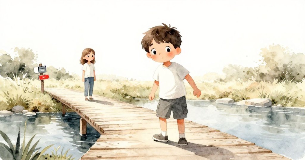 小米爾斯踏上蜂蜜色木板路，莉莉在後緊跟，背景有搖曳的標誌柱和溪邊美景，陽光柔和，情緒期待前行。