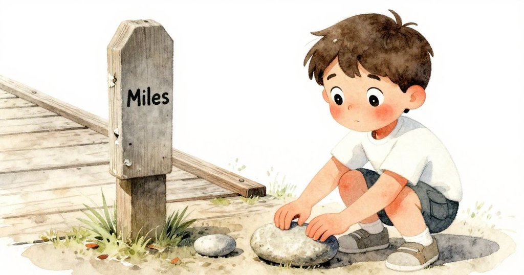 小米爾斯細心擺放石頭調整搖晃的柱子，近拍展現石頭與苔蘚中隱藏的小箭頭，臉上流露出專注與堅定。