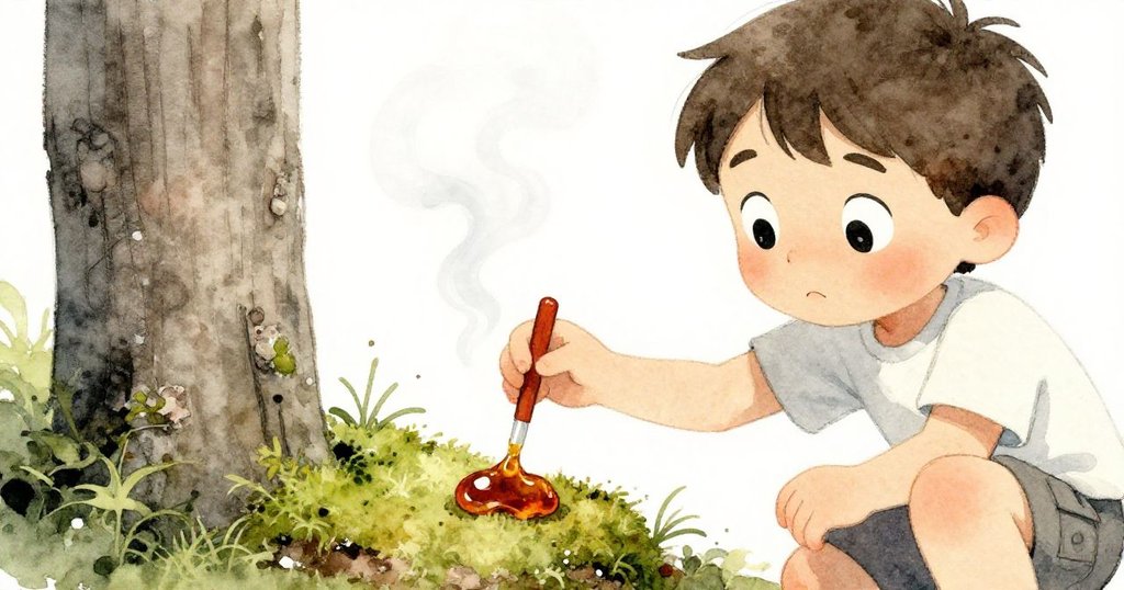 小米爾斯專注地將琥珀樹脂按壓在濕苔上，蒸氣輕柔升起，捕捉轉變瞬間與溫暖光影，情感細膩。