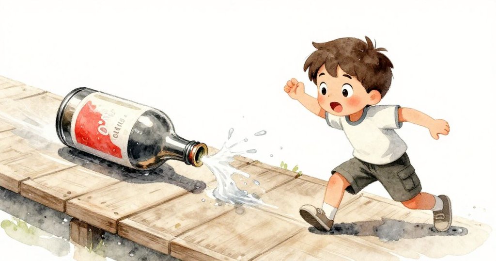 小米爾斯急速蹲下追趕滾落的彩繪金屬瓶，瓶蓋彈起冷水噴發，水花飛濺動感十足，情境緊張。