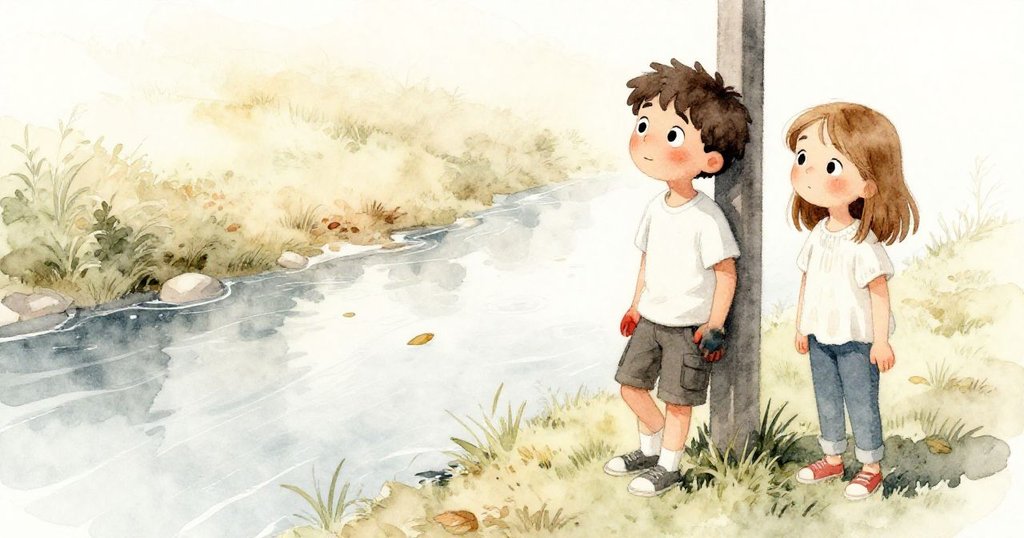 小米爾斯輕鬆倚靠穩固的柱子，手上沾滿樹脂，莉莉愉快走近，溪水載著小葉緩緩流動，情景寧靜美好。