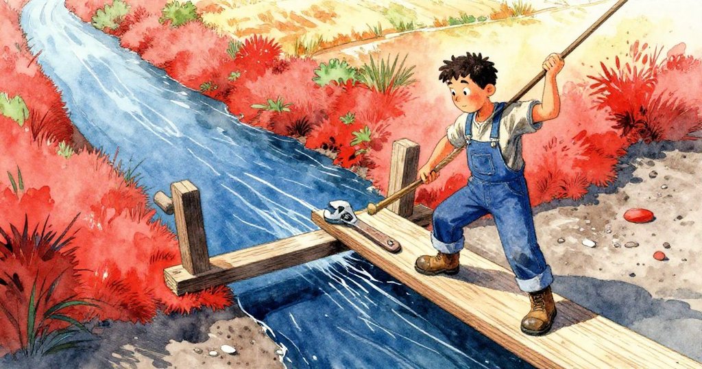 鮑里斯在陽光照耀下於狹窄河岸上揮動扳手扣打老舊木板，背景遠處稻田、泥濘生動，神情堅毅。