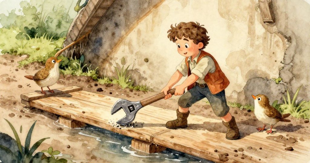 扳手飛入生動的魚飼料小鐵盒中，特寫細膩展現金屬光澤與水珠飛濺，氣氛緊張且戲劇性強烈。