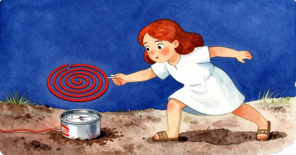 溫倫視角下，她奮力伸手抓住蚊香線圈，試圖把鐵盒拉回乾地，神情堅定，背後泥濘環境生動展現。