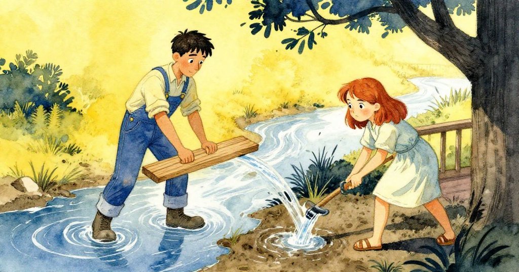 從高處俯視，鮑里斯與溫倫分別忙於放下木板與穩定水流，整個戶外環境明亮充滿動態交互。